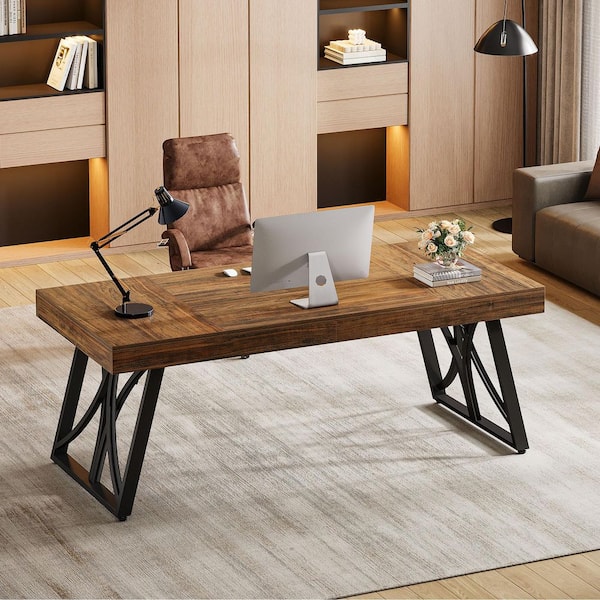 BYBLIGHT Moronia 63 in. Industrial Computer Desk with Strong Metal Legs, Brown and Black Business Writing Desk for Home Office