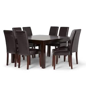 Acadian Transitional 9-Piece Dining Set with 8 Upholstered Parson Chairs in Tanners Brown Faux Leather and 54 in.W Table