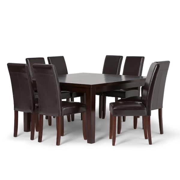 Simpli Home Acadian 9-Piece Tanners Brown Faux Leather and MDF Dining Set with 8-Upholstered Parson Chairs and 54 in. Wide Table