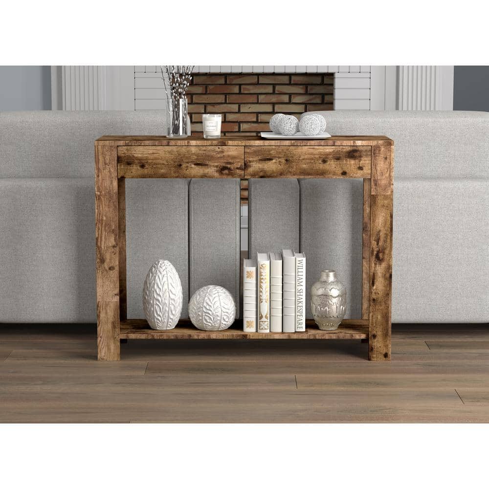 Transitional Brown Reclaimed Wood Console Table with Storage