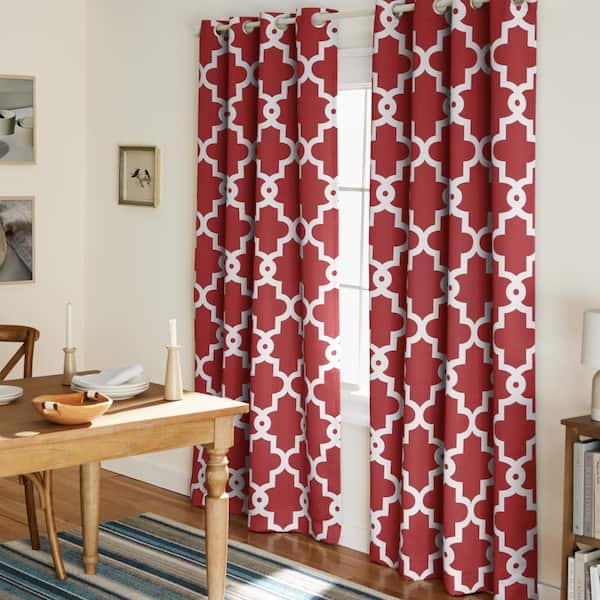 EXCLUSIVE HOME Ironwork Burgundy Woven Trellis 52 in. W x 96 in. L Noise Cancelling Thermal Grommet Blackout Curtain (Set of 2)