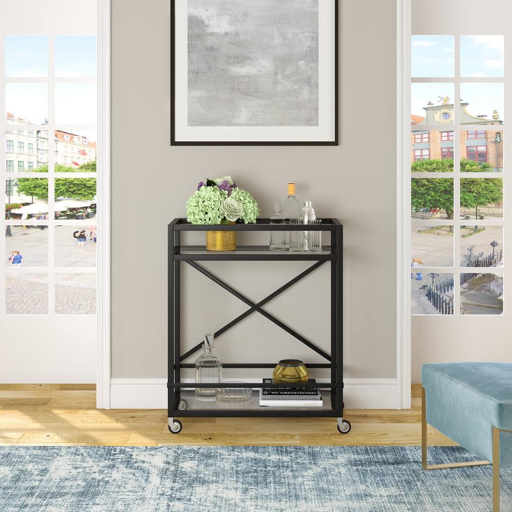 Modern Blackened Bronze Metal Bar Cart with Glass Shelves