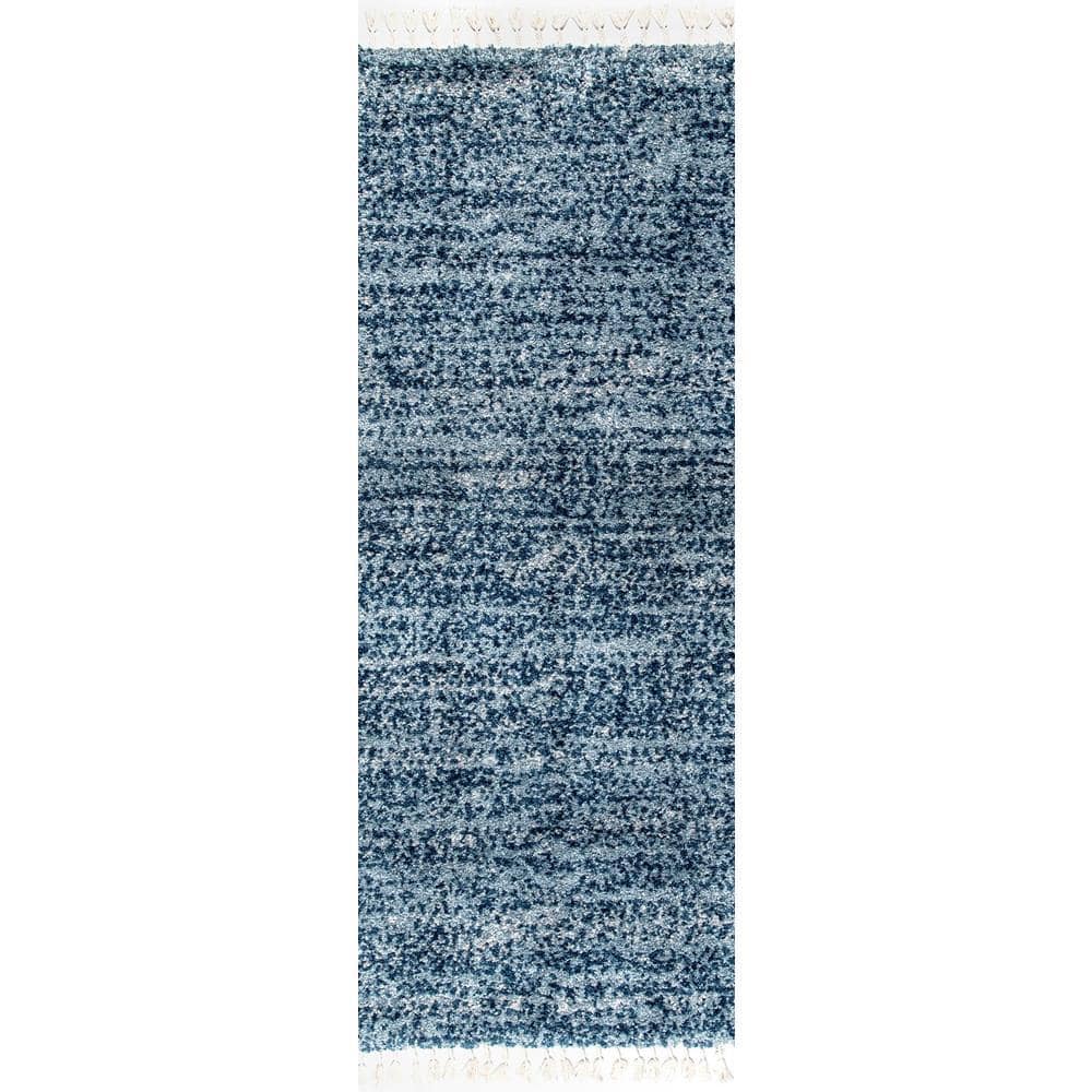 Brooke Blue and Ivory Shag Tasseled Runner Rug