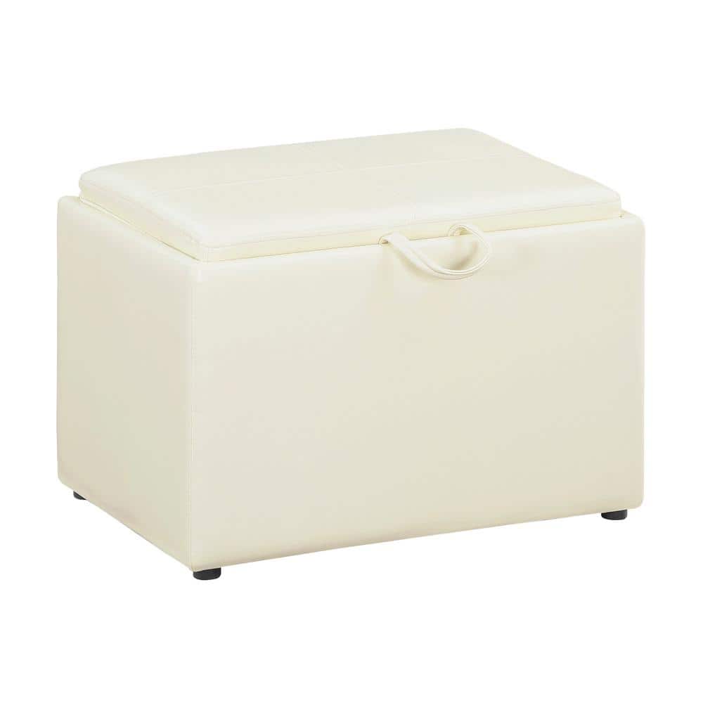 Ivory Faux Leather 23" Multifunctional Storage Ottoman with Reversible Tray