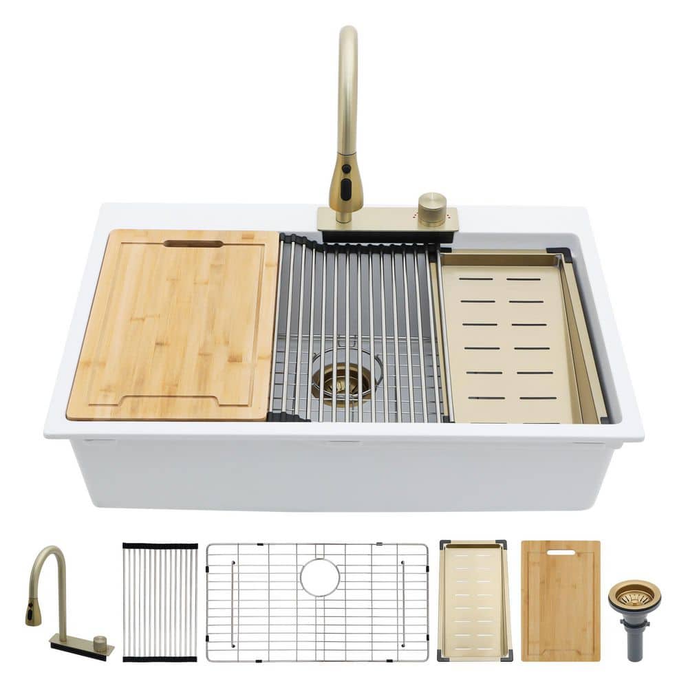 33 in. Drop-In Single Bowl White Composite Granite Quartz Kitchen Sink with Pull-Out Faucet and Bottom Grids price history on PriceWatchPro