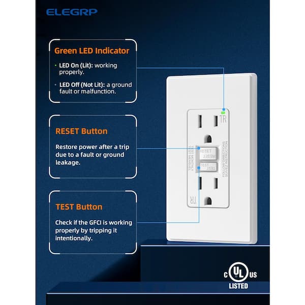 15 AMP 125-V Duplex Tamper Resistant Self-Test GFCI Outlet, with Screwless Wall Plate, UL&CUL Certified, White(10-Pack)