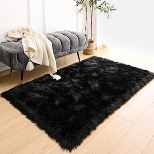 Silky Faux Fur Sheepskin Shag Black 8 ft. x 10 ft. Fluffy Fuzzy Area Rug