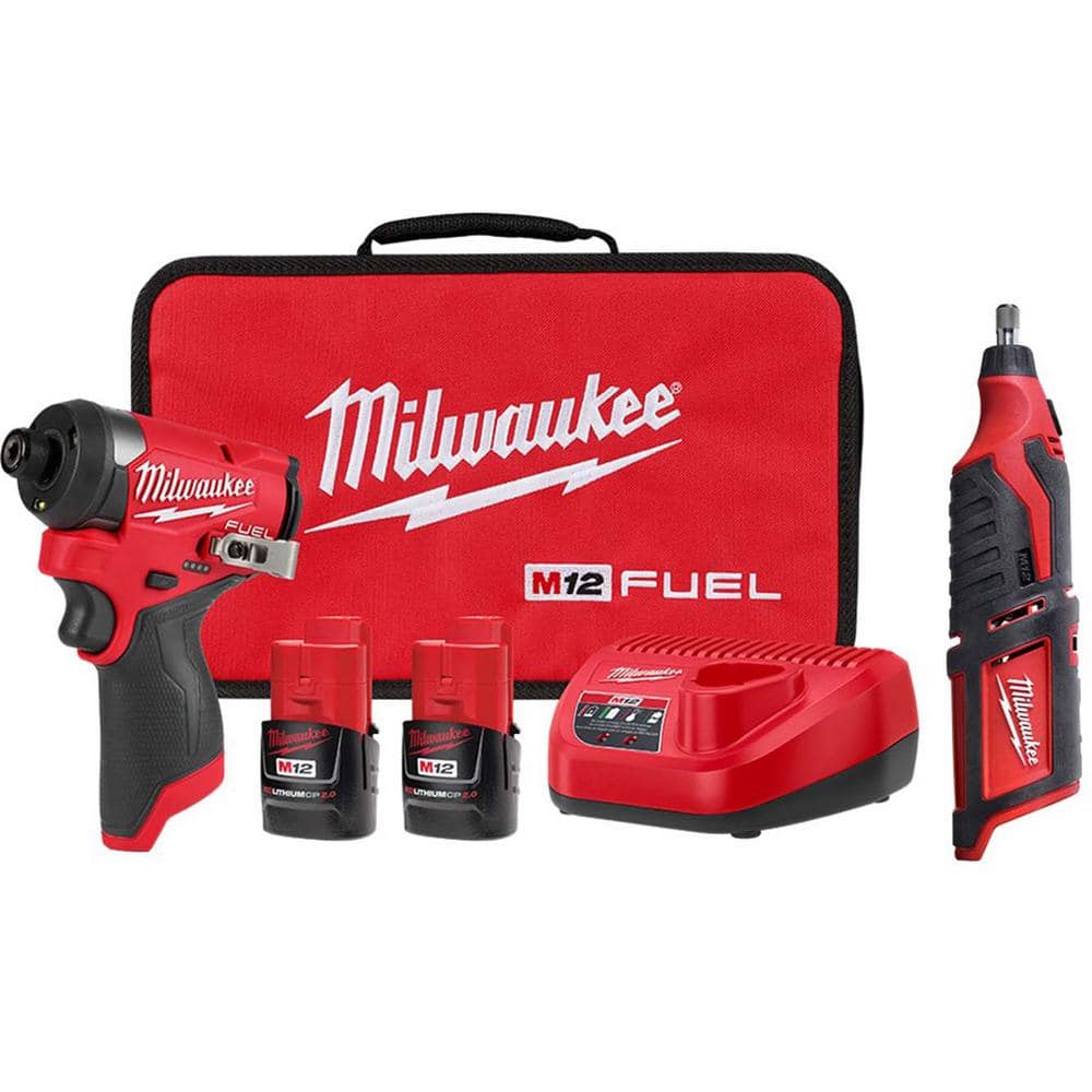 Milwaukee M12 FUEL 12-Volt Lithium-Ion Brushless Cordless 1/4 in. Hex Impact Driver Kit with M12 Rotary Tool