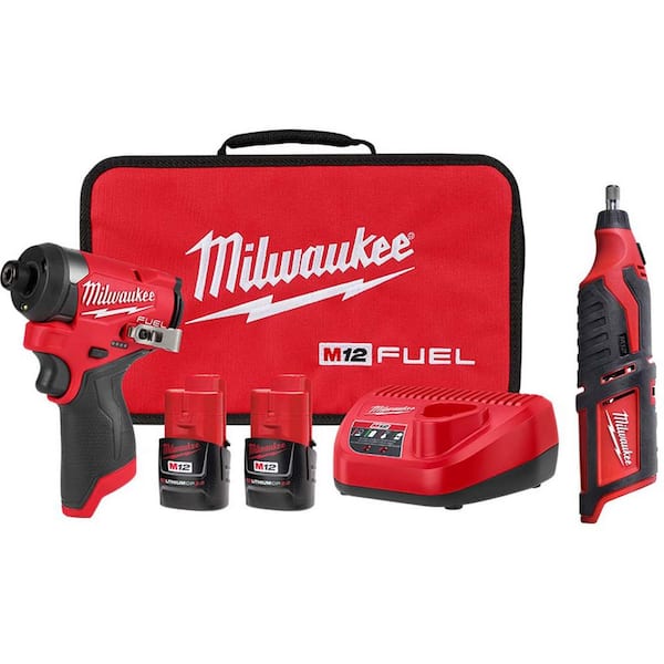 Milwaukee M12 FUEL 12-Volt Lithium-Ion Brushless Cordless 1/4 in. Hex Impact Driver Kit with M12 Rotary Tool