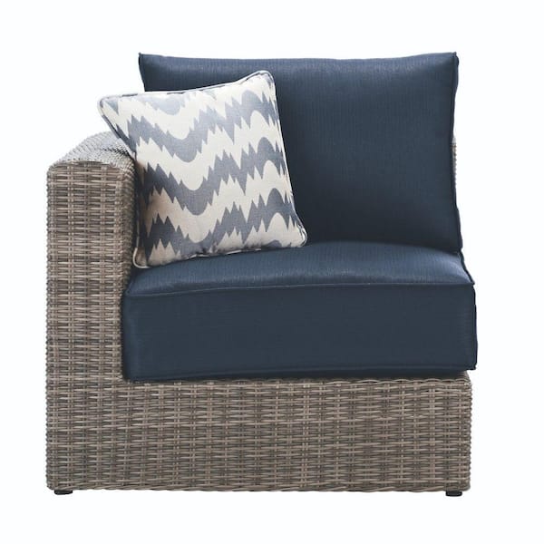 Home Decorators Collection Naples Grey All-Weather Wicker Left/Right Arm Outdoor Sectional Chair with Navy Cushions
