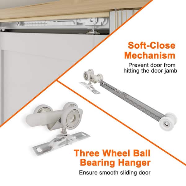 36 in. x 80 in. White Primed 6-Panel Molded Solid Core Wood Pocket Door with Door Frame, Hardware Kit and Soft Close