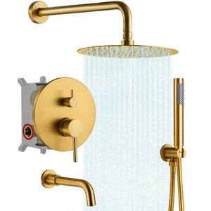 Single-Handle 2-Spray Round Tub and Shower Faucet with 10 in. Rain Shower Head in Brushed Gold (Valve Included)