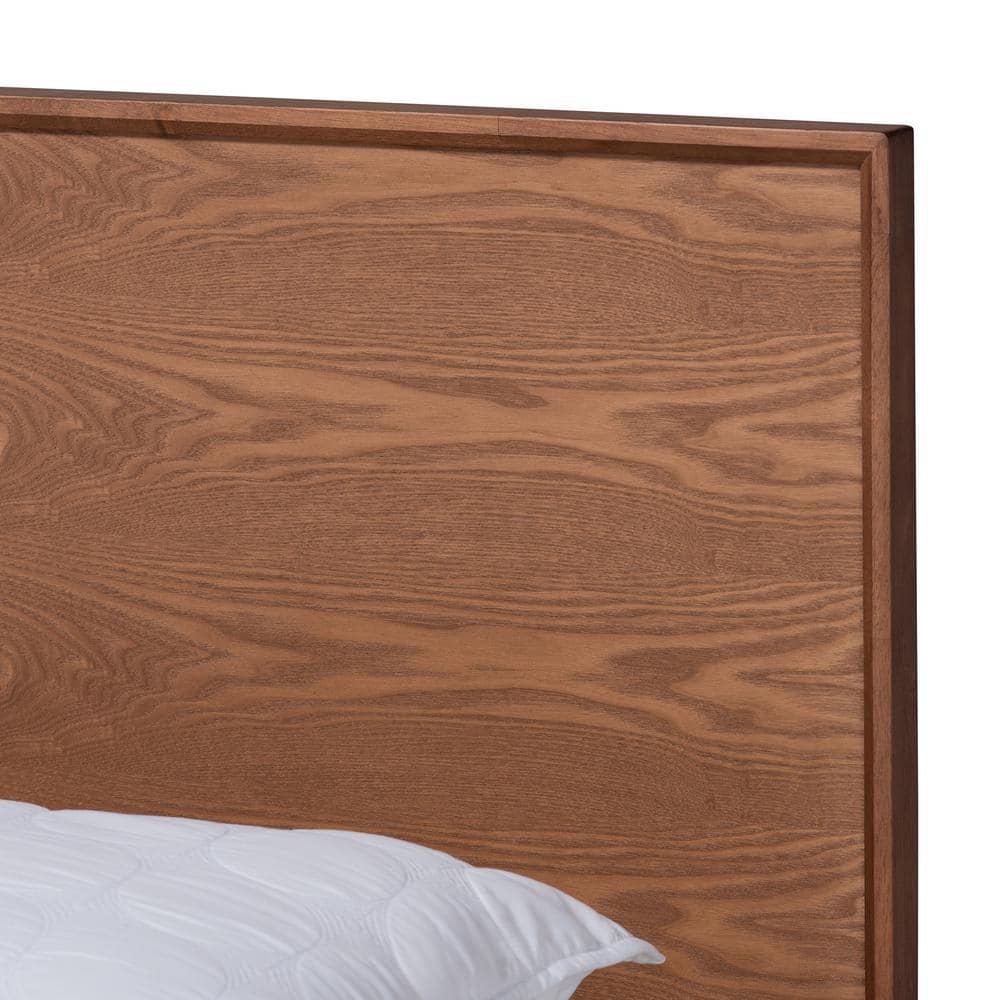 Mid-Century Modern Walnut Brown Queen Bed with Wood Slats