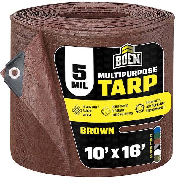 BOEN 10 ft. x 16 ft. Multi-Purpose Brown Poly Tarp Cover 5 Mil Thick Weave Material, Waterproof