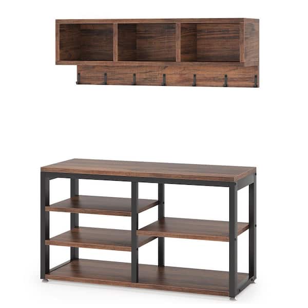 Carmalita Brown Wood Shoe Storage Bench Shoe Rack Set 3-Storage Bins 7-Hooks Modern Industry Farmhouse Entryway Hallway