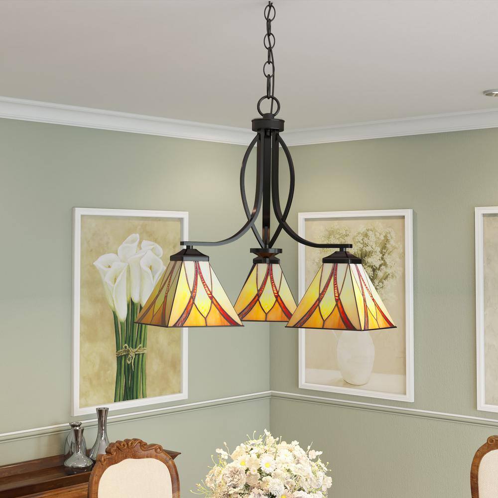 Asheville Valiant Bronze 3-Light Tiffany Glass Chandelier