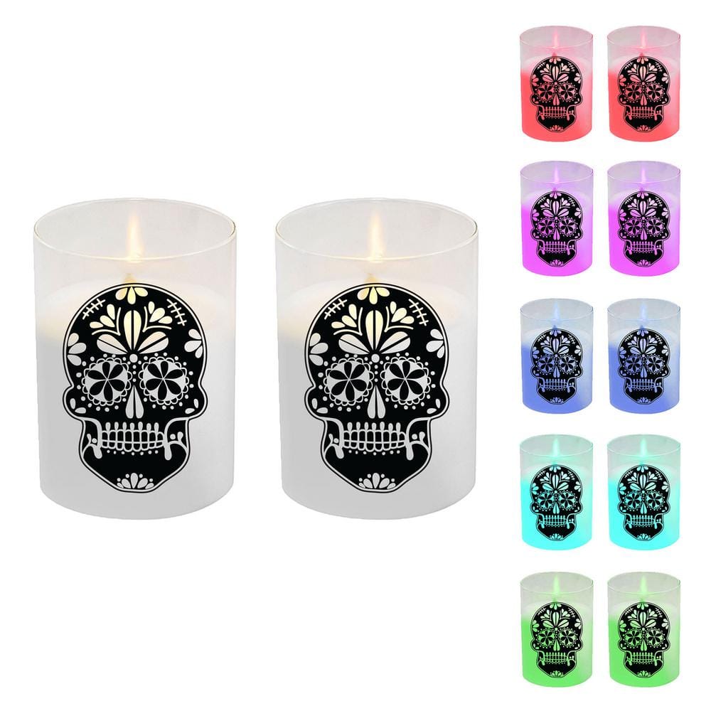 LUMABASE Battery Operated LED Glass Candles with Moving Flame, Color Changing Sugar Skull (Set of 2)