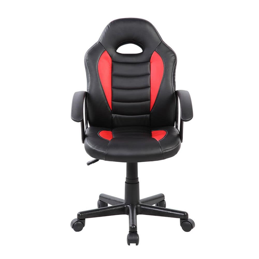 Leather Adjustable Height Swivel Casters Ergonomic Upholstered Racing Chair in Red with Nonadjustable Arms