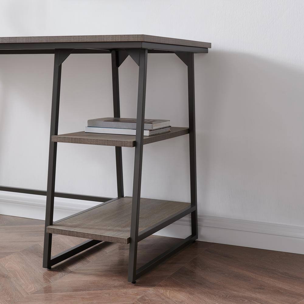 Design House Roughsawn Oak Desk with Gunmetal Frame and Tiered Shelves
