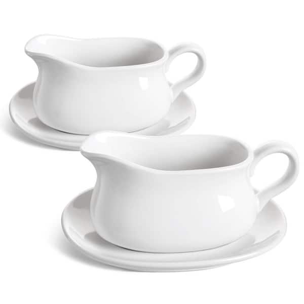17 oz. White Ceramic Gravy Boats with Saucer Stand (Set of 1), Ceramic Sauce Boat with Tray, Sturdy and Easy Clean