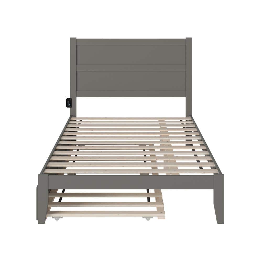 Gray Full Platform Bed with Trundle and Charging Station