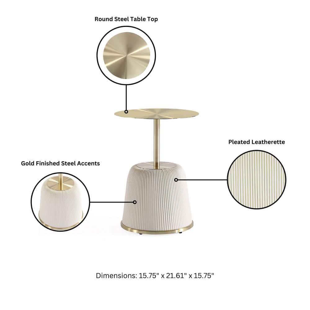 Cream and Gold Round Metal Accent Table with Ridged Base
