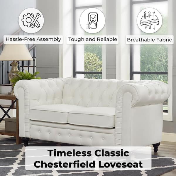 HOMESTOCK 67 in. White Chesterfield Faux Leather 2-Seat Loveseat