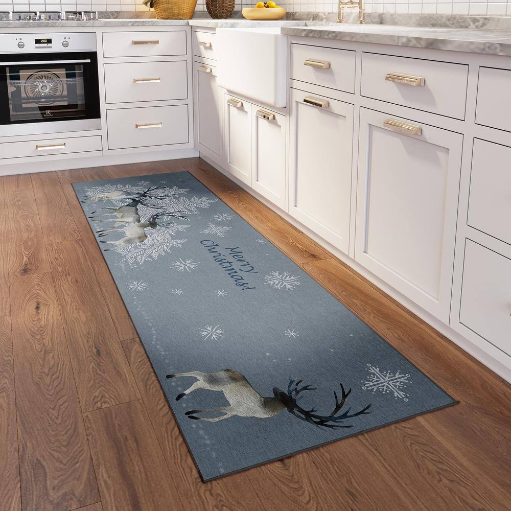 Gray Christmas Reindeer Washable Polyester Runner Rug