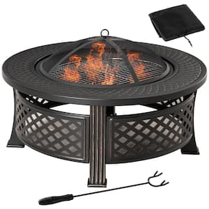 Black Metal Portable Fire Pit Table Barbecue Grill Ice Bucket with Spark Screen, Poker, Rain Cover