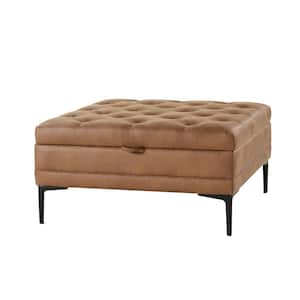 Jeremias Camel Transitional Lift Top Shelved Storage Button-Tufted Cocktail Ottoman with Metal Leg
