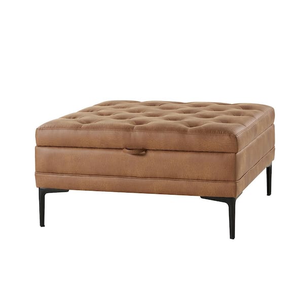 JAYDEN CREATION Jeremias Camel Transitional Lift Top Shelved Storage Button-Tufted Cocktail Ottoman with Metal Leg