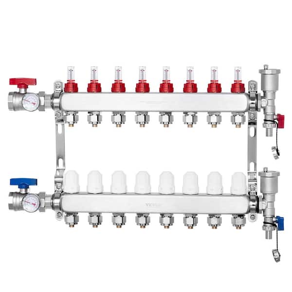 VEVOR 8-Branch Radiant Heat Manifold, ½ in. PEX Tubing Manifold, Stainless Steel PEX Manifold, Radiant Heat PEX Manifold Kit