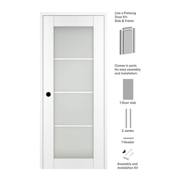 Paola 36 in. x 96 in. Right-Hand 4Lite Frosted Glass Bianco Noble Composite Solid Core Wood Single Prehung Interior Door