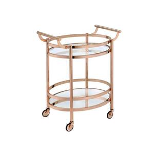 Gold 27 in. W Clear Glass Rose Gold Serving Cart with 2 Shelves and Wheels