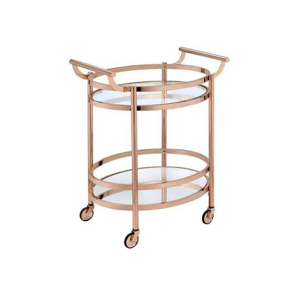 Gold 27 in. W Clear Glass Rose Gold Serving Cart with 2 Shelves and Wheels