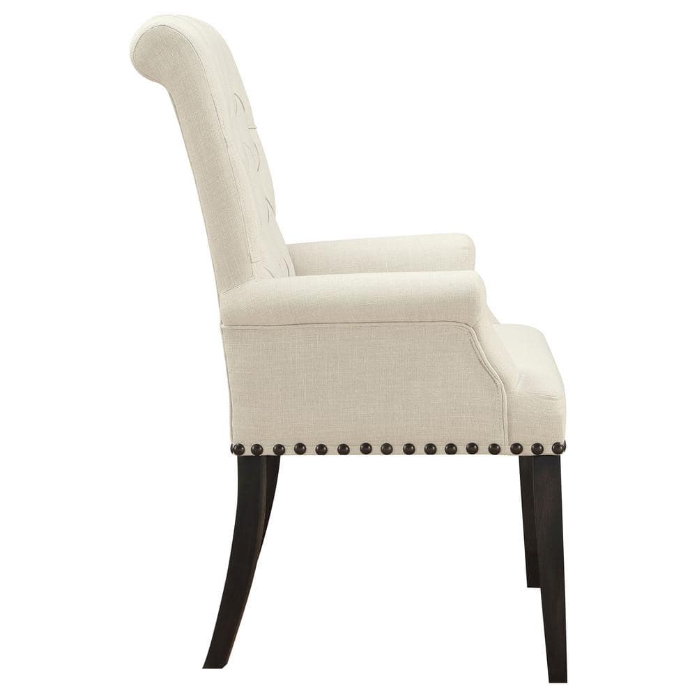 Elegant Beige Linen Upholstered High Arm Chair with Smokey Black Wood