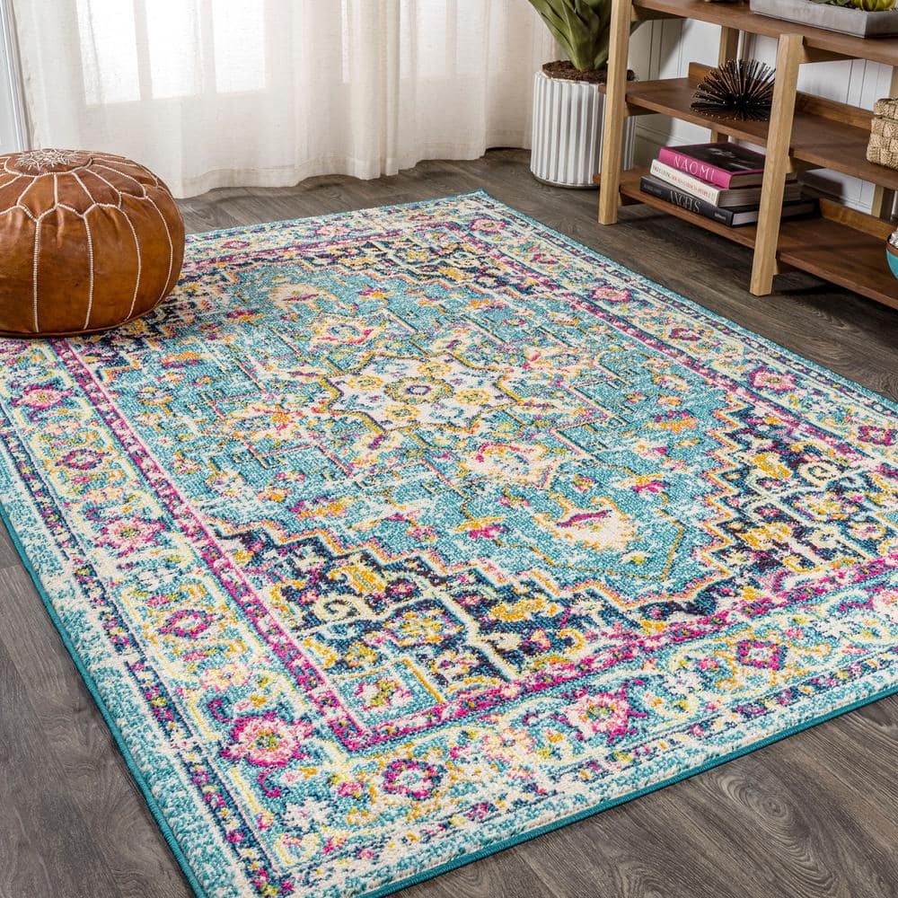 Blue Rectangular Medallion Synthetic Easy Care Rug