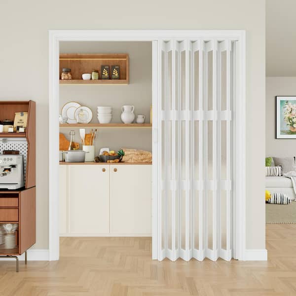 60 in. x 80 in. White Dual 3-Lite PVC Accordion Door with Frosted Acrylic Glass with Installation Hardware