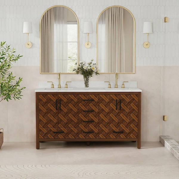 60 in. W x 22 in. D x 34 in. H Freestanding Caramel Woven Brown Bath Vanity with White Engineered Stone Top, Eco Wood