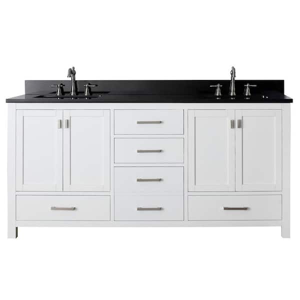 Avanity Modero 73 in. W x 22 in. D x 35 in. H Vanity in White with Granite Vanity Top in Black and White Basins