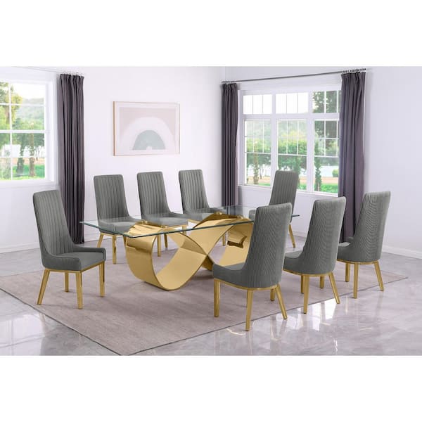 Best Quality Furniture Celia 9-Piece Clear Tempered Glass Top with Gold Stainless Steel Base Dining Set with 8 Dark Grey Fabric Chairs