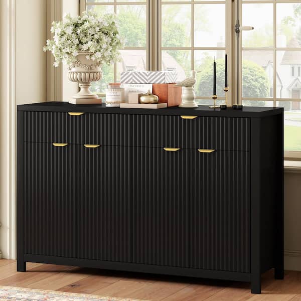 Wave Design Black Wood 55.1 in. Sideboard with Adjustable Shelves and 2 Drawers