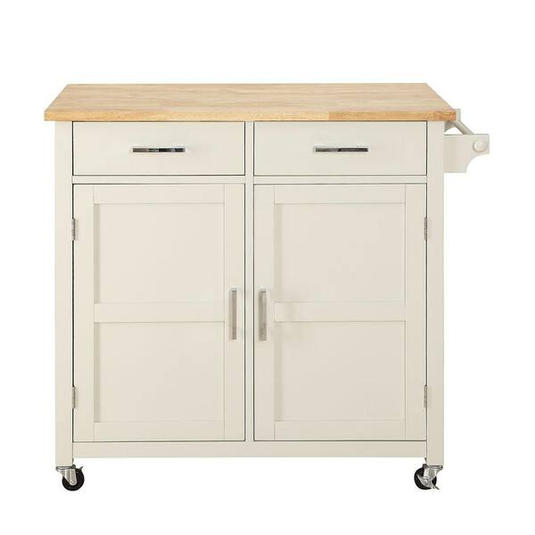 USL Macie Polar White Kitchen Cart with Natural Wood Top