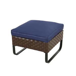 U-Leg Dark Brown Wicker Outdoor Ottoman with Blue Cushion