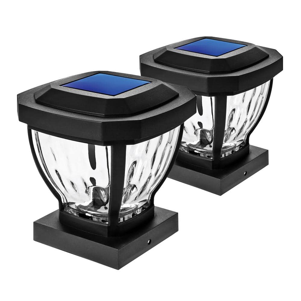 Black Solar LED Post Cap Lights with Rippled Glass, 2-Pack