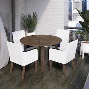 Acacia 5-Piece Wicker Outdoor Dining Set with 4 Dining Armchairs with Navy Blue Cushions