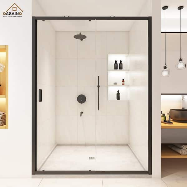 CASAINC 60 in. W x 72 in. H Framed Single Sliding Shower Door in Matte Black with Clear Shower Glass