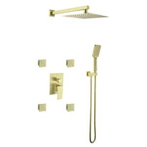 Single Handle 3-Spray Shower Faucet 1.8 GPM with Pressure Balance Wall Mount Shower System with Body Jet in Brushed Gold