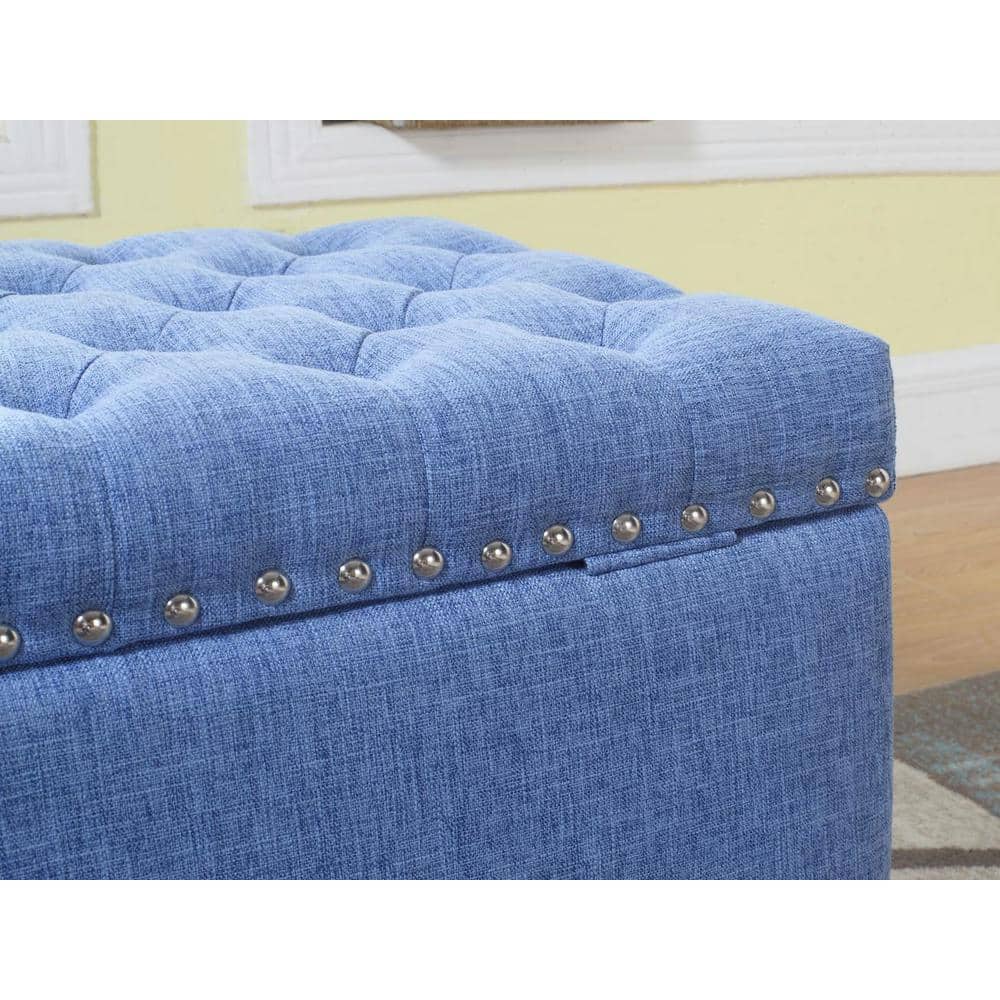 Blue Button Tufted Storage Ottoman with Nailhead Trim
