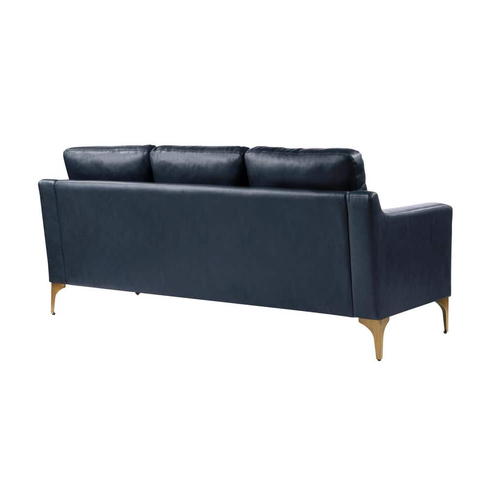 Navy Faux Leather Sofa with Removable Cushions and Wood Legs